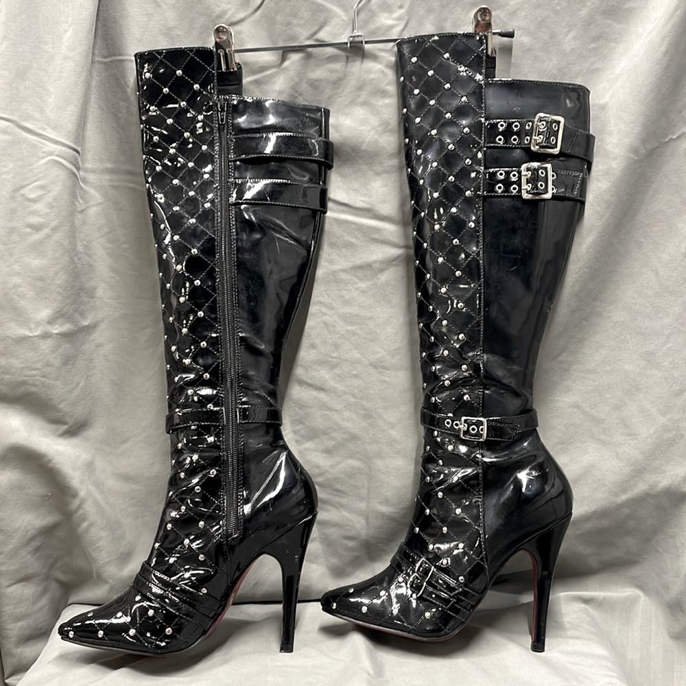 Ellie Black Patent Leather Studded Knee High Boots